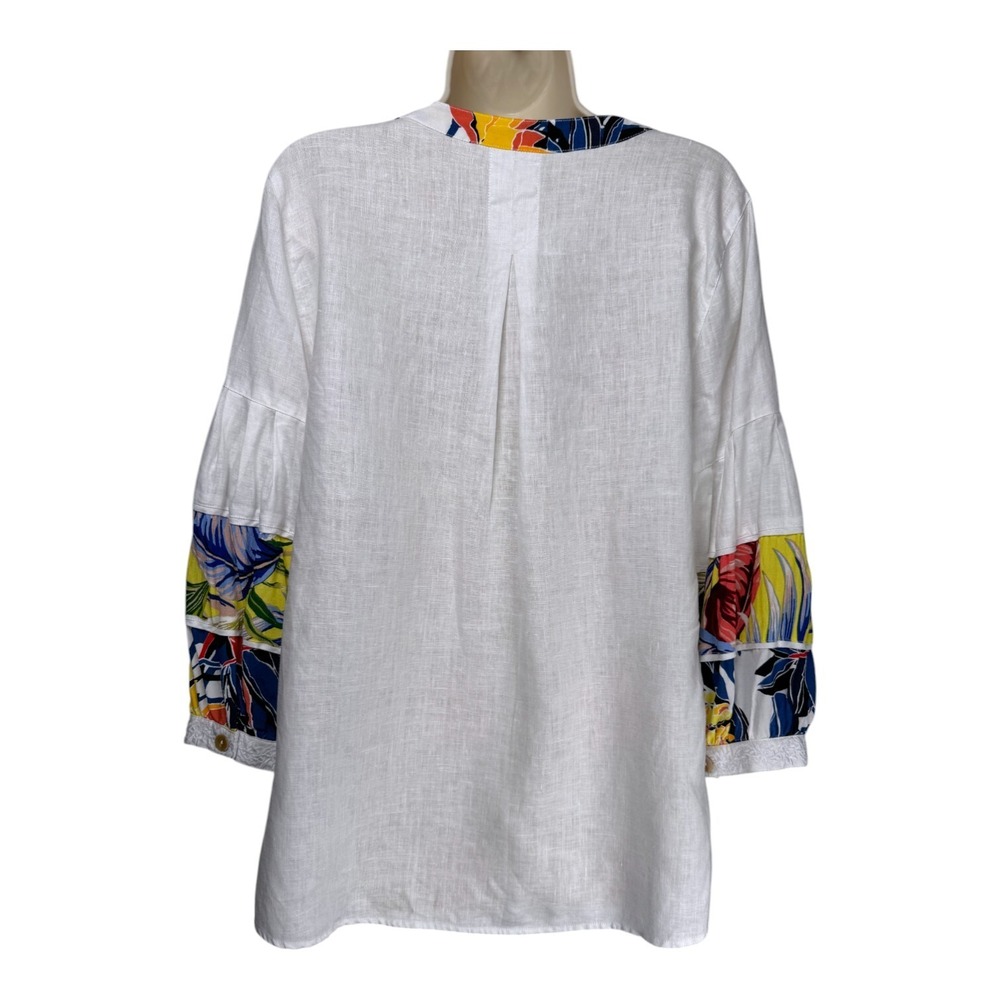 John Mark Linen Top Womens Medium White Tropical Floral 3/4 Sleeve Beach Summer - Picture 5 of 11